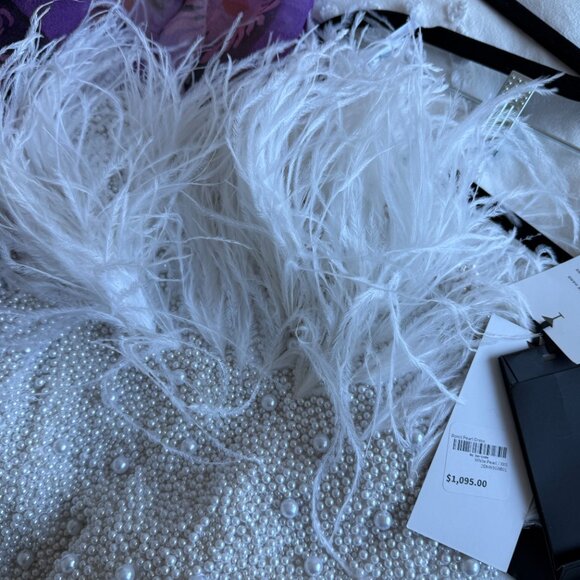 NWT Retrofete Ronit Pearl  Mini Dress Off Shoulder Bodycon Feather Trim Sz XXS - Picture 13 of 13